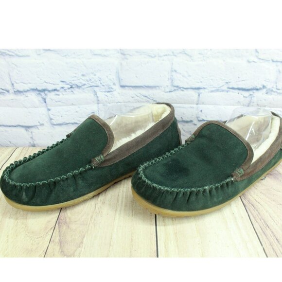 LL Bean Green Suede Wicked Good Shearling Lined Venetian Slippers Size 11 M - Picture 2 of 9